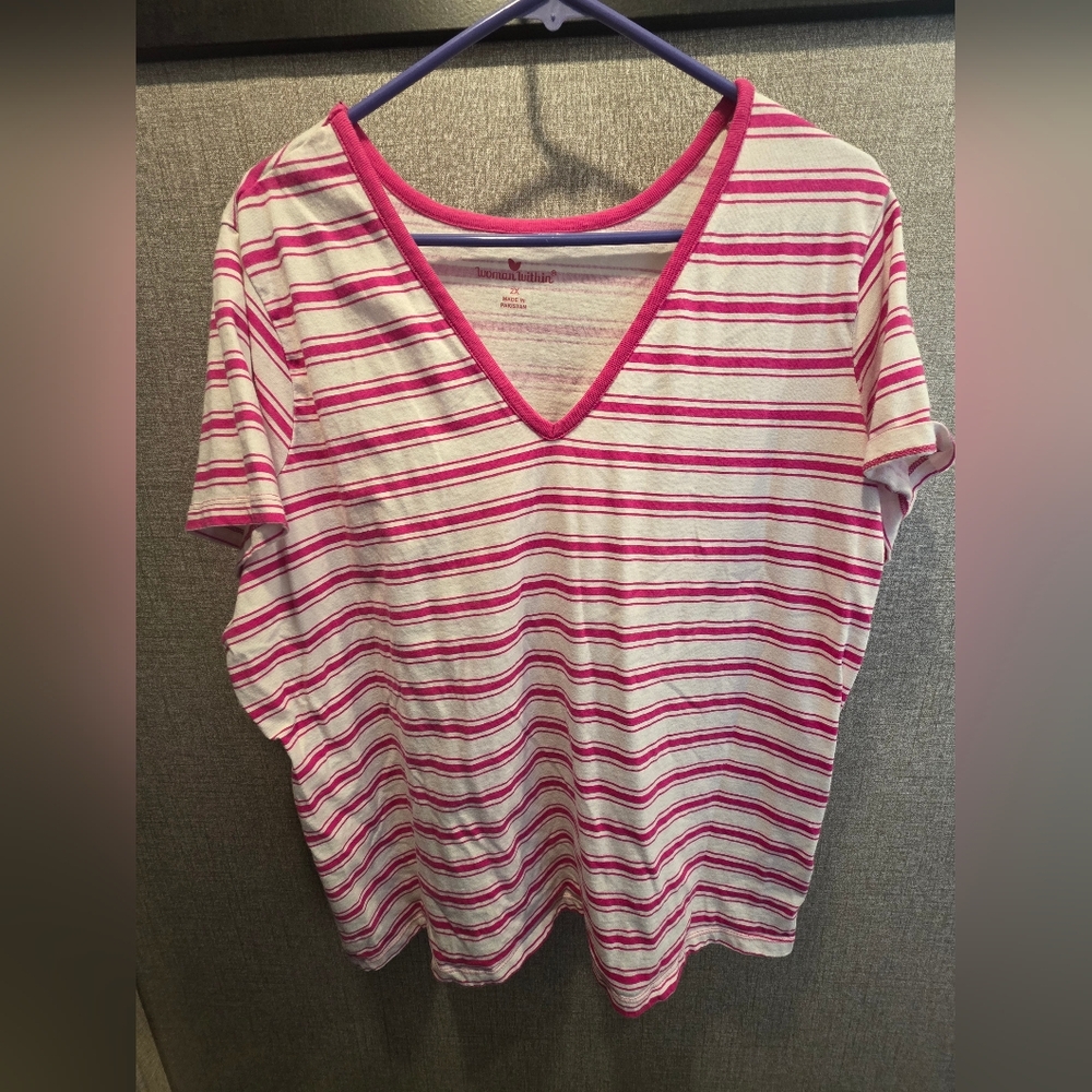 Woman Within Pink and White V-Neck Tee